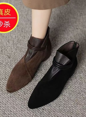 专柜2025秋季新款法式复古加绒时装靴尖头粗跟短靴磨砂真皮瘦瘦靴