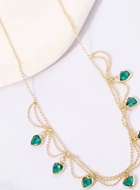 2022年新款抖音同款防敏不掉色铜合金项链气质绿色爱心气质锁骨链