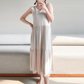 过膝蛋糕裙背心裙百搭长裙大码 夏季 薄莫代尔连衣裙V领女拼接长款