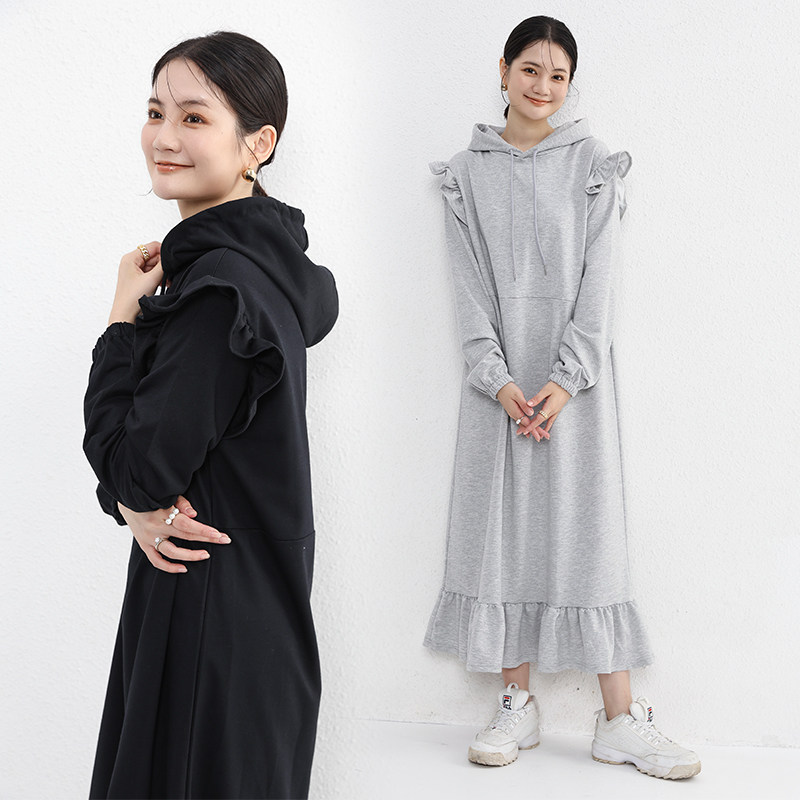 秋冬韩版荷叶边长袖连衣裙减龄抽绳连帽女裙宽松显瘦过膝长款长裙