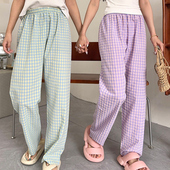 日系薄款 外穿居家长裤 懒人裤 夏季 宽松休闲阔腿裤 简约女裤 格子睡裤