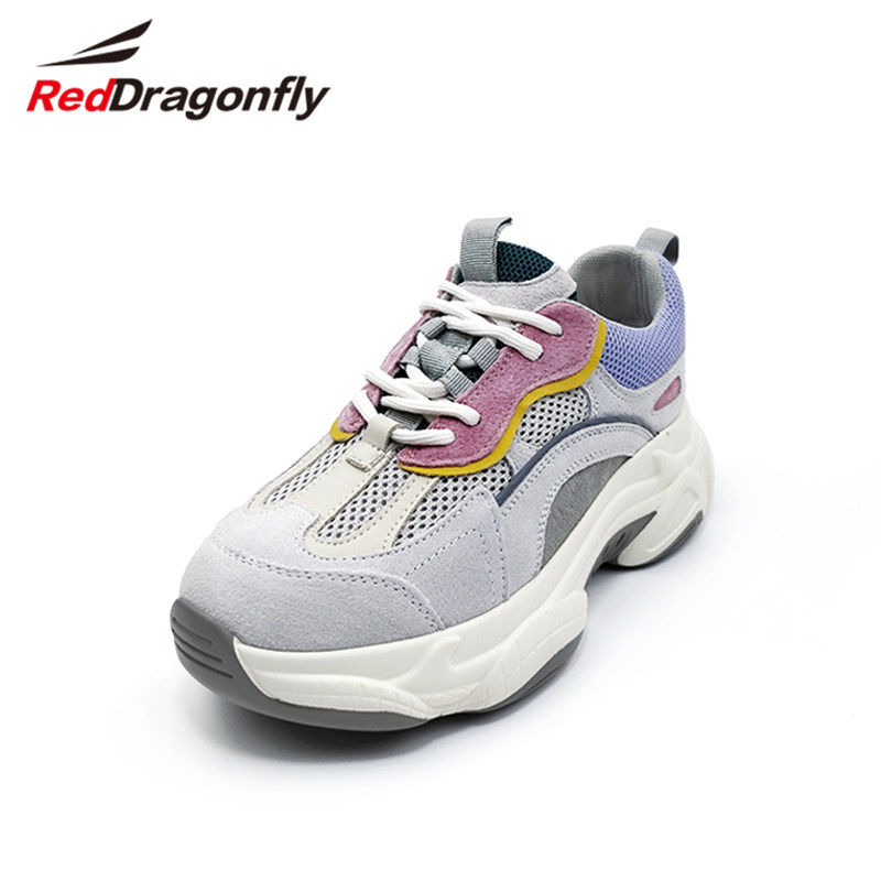红蜻蜓春秋季休闲女鞋真皮拼接透气轻便运动鞋女士舒适厚底老爹鞋