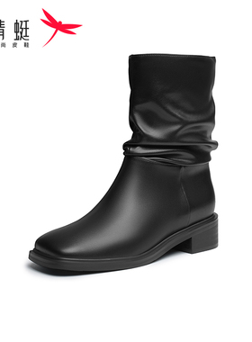 REDDRAGONFLY/红蜻蜓时尚潮流舒适简约风褶皱套筒靴子女WTC42381