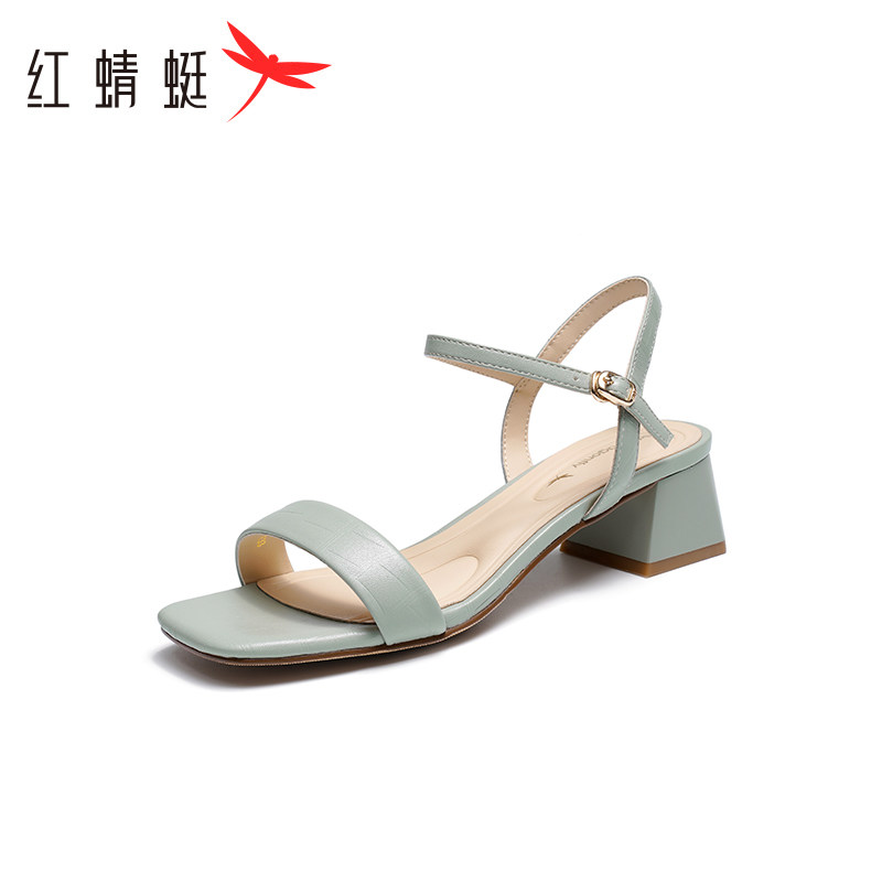 红蜻蜓春夏款女士优雅通勤高跟鞋时尚包头中空皮鞋牛皮一字扣凉鞋