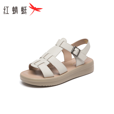 REDDRAGONFLY/红蜻蜓夏季女士罗马风舒适牛皮丁字扣凉鞋WTK24115