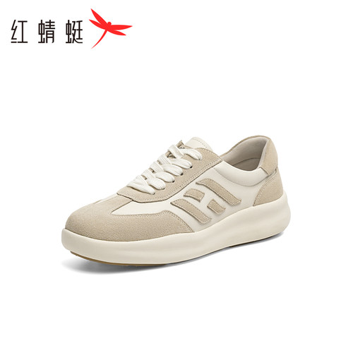 红蜻蜓春秋款女士时尚学院运动鞋真皮拼接系带老爹鞋休闲厚底板鞋