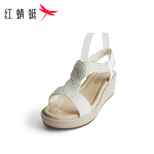 REDDRAGONFLY/红蜻蜓女士时尚优雅圆头水钻装饰坡跟凉鞋WFK24115