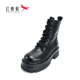 红蜻蜓秋冬款女靴通勤高跟短靴时尚拉链弹力套筒瘦瘦靴厚底马丁靴