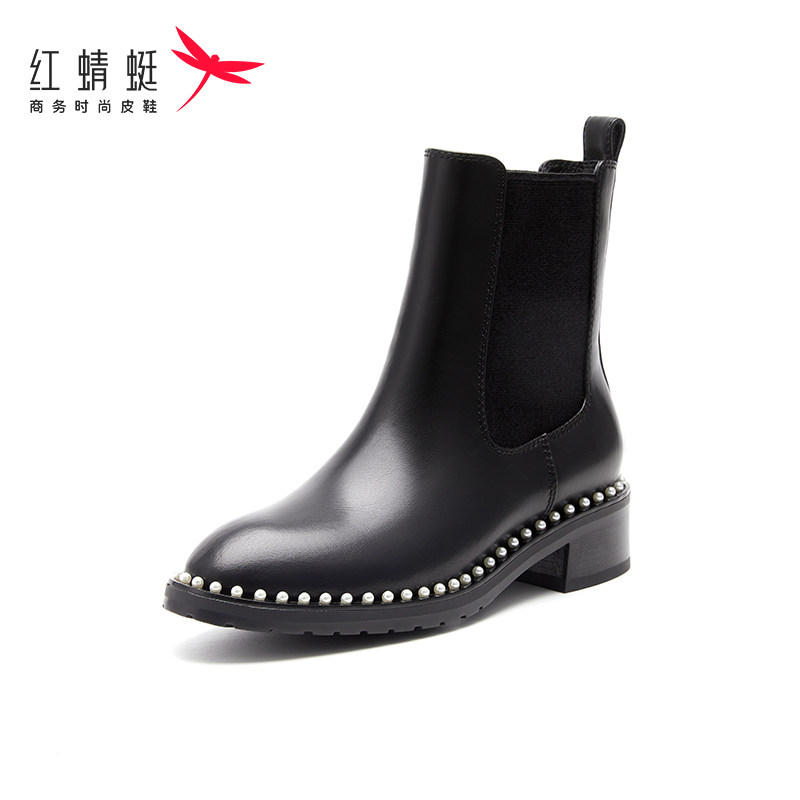 红蜻蜓冬款女士时尚通勤皮靴优雅高跟真皮及踝靴短筒法式时装女靴