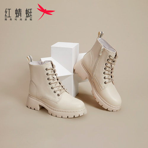 红蜻蜓英伦系带真皮马丁靴