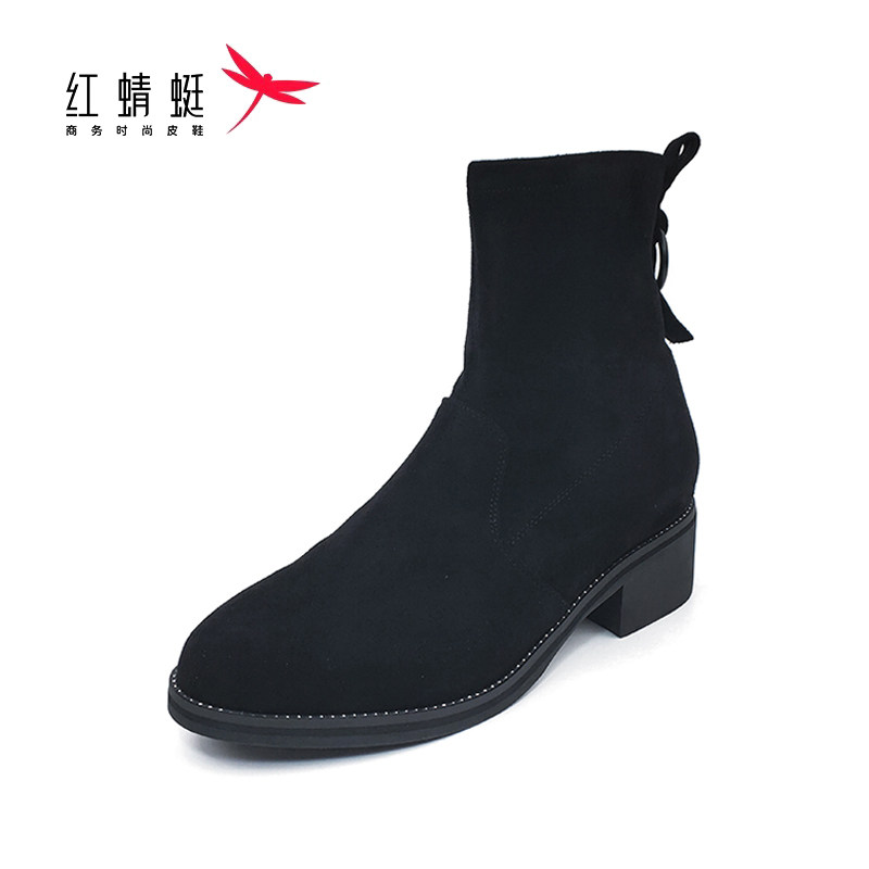 REDDRAGONFLY/红蜻蜓圆头弹力布袜靴瘦瘦靴粗中跟小短靴女C08105