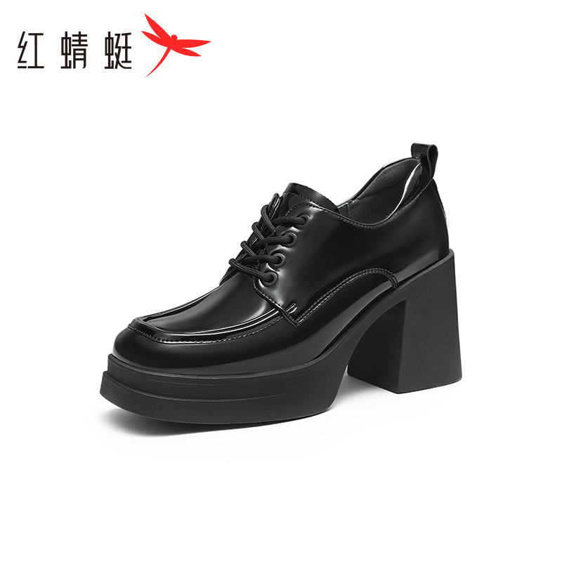 红蜻蜓粗高跟圆头乐福鞋