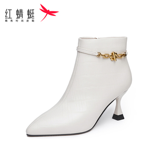 红蜻蜓冬季真皮粗跟短靴女士尖头高跟及踝靴时尚气质通勤时装靴女