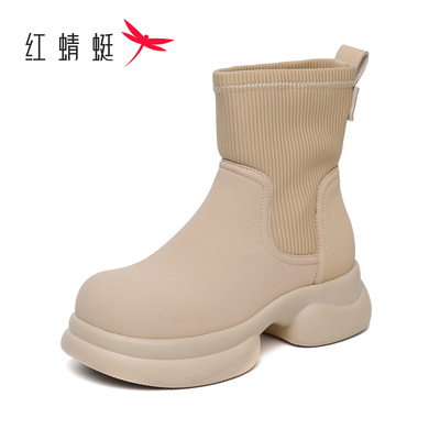 REDDRAGONFLY/红蜻蜓女士休闲松糕底圆头弹力布套筒短靴WTC43238