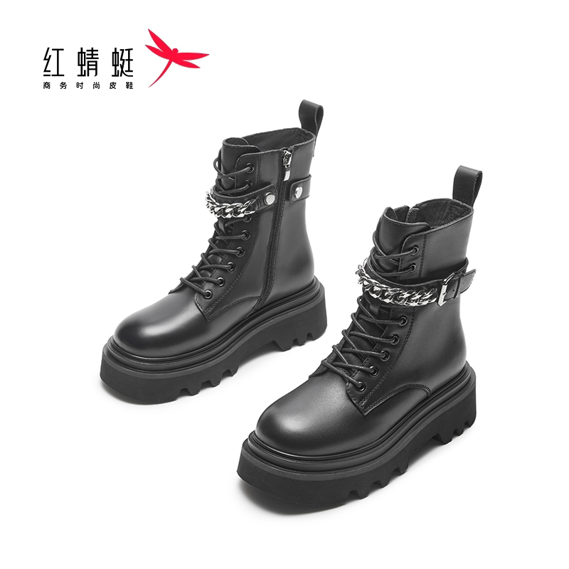 红蜻蜓黑色厚底帅气马丁靴