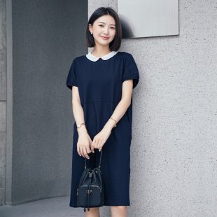 【YUN】韫福利夏季新款女装气质通勤欧根纱翻领棉针织短袖连衣裙