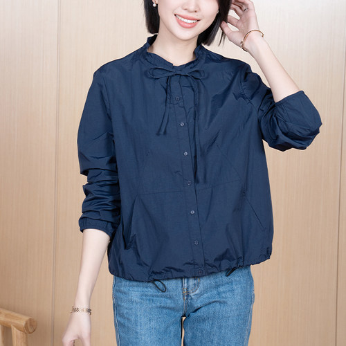 YUN韫2025春季新款女装时尚抽绳立领单排扣减龄纯色风衣衬衫5222