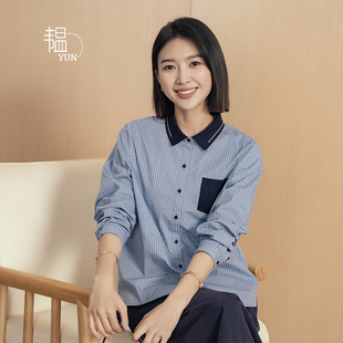 女翻领单排扣拼色竖条纹显瘦纯棉长袖 新款 韫2024秋季 衬衫 YUN