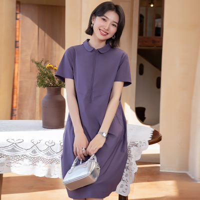 YUN韫2025夏季新品女装翻领半拉链纯色凉感棉衬衫短袖连衣裙5522