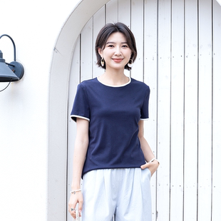 YUN韫2026夏季新品女圆领撞色螺纹棉简约薄款基础休闲短袖T恤6217