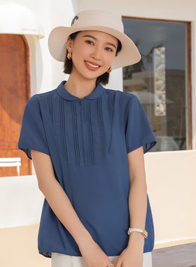 YUN韫2025夏季新品女风琴褶翻领半拉链套头纯色雪纺短袖衬衫5658