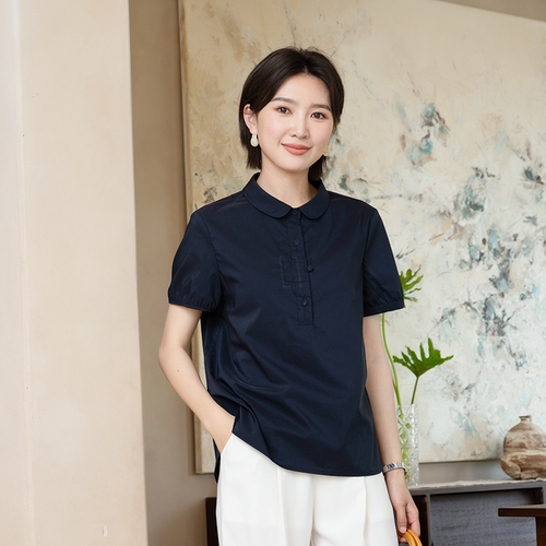 YUN韫2026夏季新品女装翻领复古半开扣刺绣宽松凉感短袖衬衫 6165