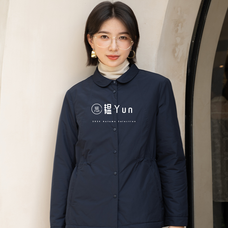 YUN韫2025冬季新品女装百搭翻领单排扣收腰防风夹棉外套棉服6022