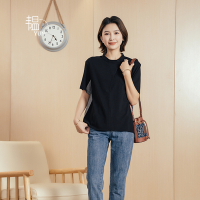短袖设计感常规拼接棉女斜门襟
