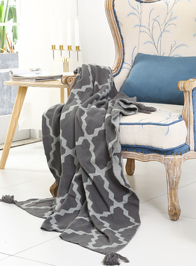 美式轻奢几何双层卡其灰色针织盖毯沙发毯午睡毯样板间装饰毯搭毯