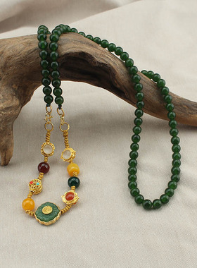 新中式国潮项链女一款多戴长款复古祖母绿串珠毛衣链古风旗袍配饰