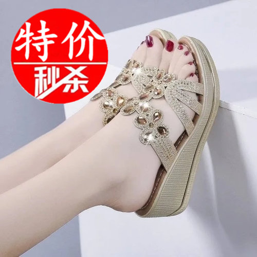 品牌断码厚底花朵水钻凉鞋女夏季
