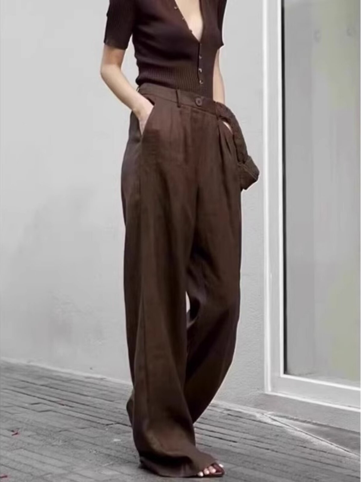 {SPOT} TENCEL LINEN BROWN COMMUTER PANTS THIN SMALL MAN THIN COTTON LINEN MOP TROUSERS WOMENS SUMMER