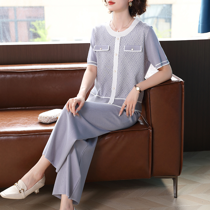 中年妈妈针织套装短袖宽松两件套