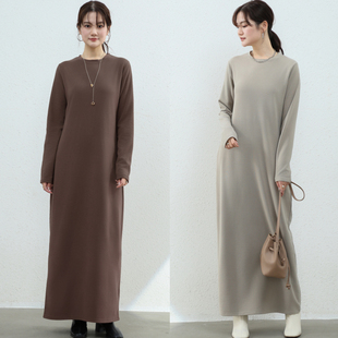 秋冬日系外穿女纯色过膝长款薄绒保暖打底裙长裙高级感长袖连衣裙