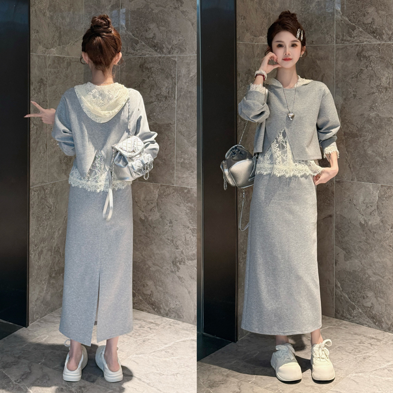 时尚洋气减龄蕾丝连帽卫衣半身裙休闲三件套女2025年超火春装套装