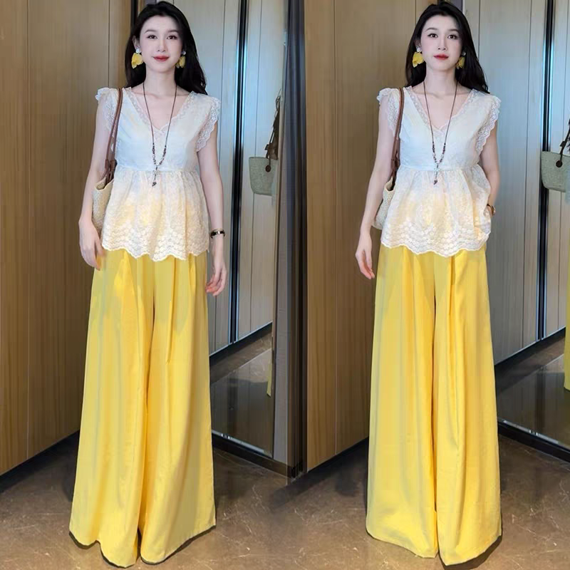 时尚休闲套装女夏季新款宽松无袖蕾丝边拼接上衣阔腿裤洋气两件套