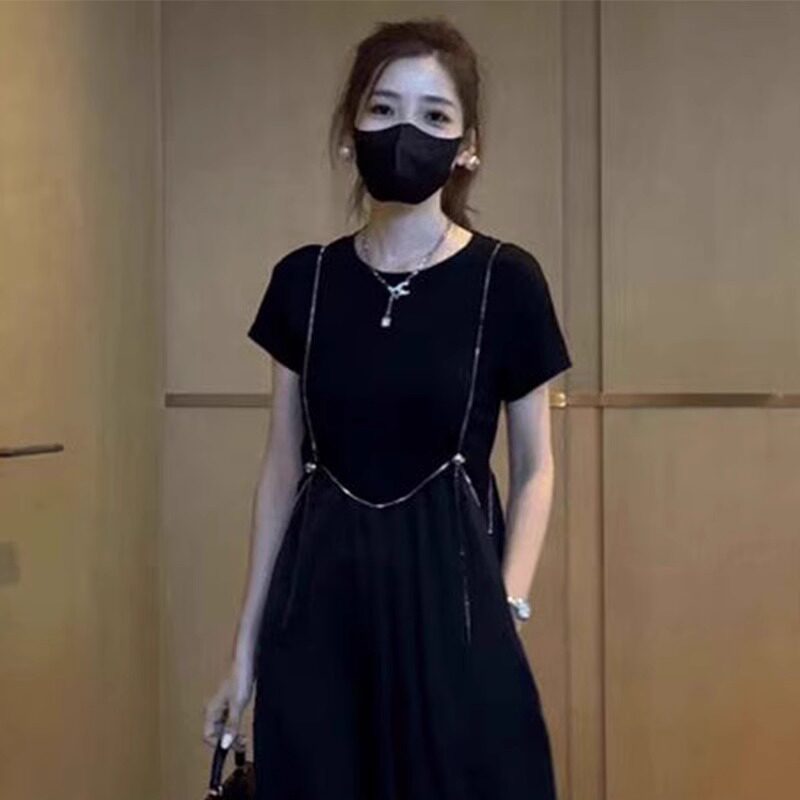 短袖T恤女洋气背带裤时尚套装女夏季新款韩版减龄阔腿裙裤两件套