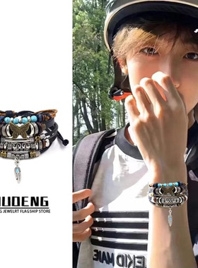 美拉德风编织皮革手链复古多层抽拉绳手串高颜值学生党新中式手饰
