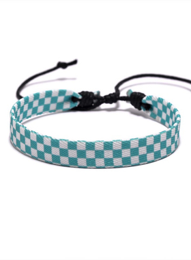 2025新款流行色格子手工编织手链原创手工几何波点配色织带手绳女