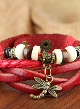 蜻蜓吊坠蜡绳加皮多层手工编织手绳简约休闲男女款学生闺蜜皮手链