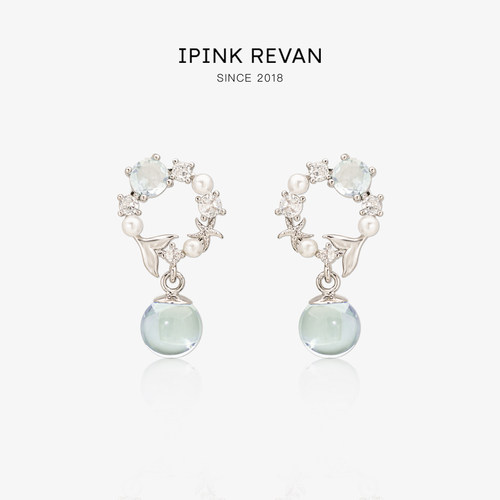 IPINK蓝水晶耳环女清新