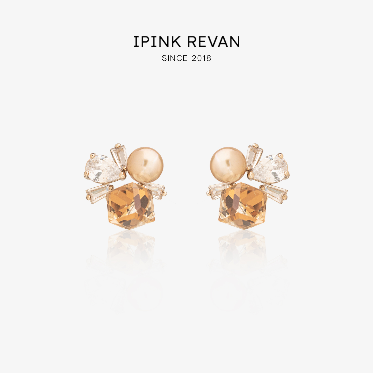 IPINK琥珀色几何花朵耳钉女气质高级感水晶珍珠耳饰蚊香盘耳夹