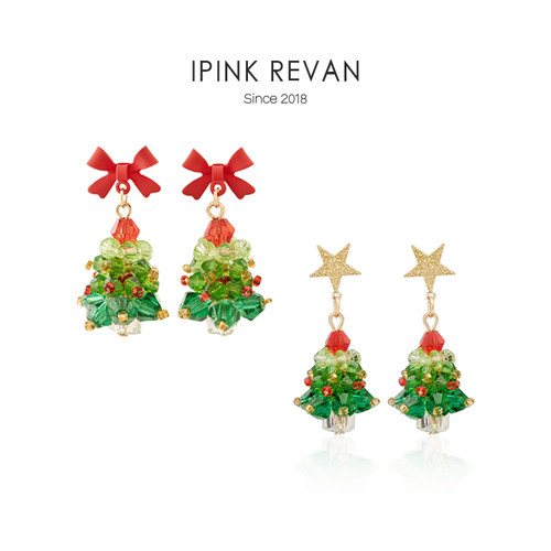 IPINK手作串珠圣诞树耳钉耳夹