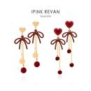 IPINK原创红色蝴蝶结耳环喜庆结婚订婚流苏秋冬耳夹耳钉女新年