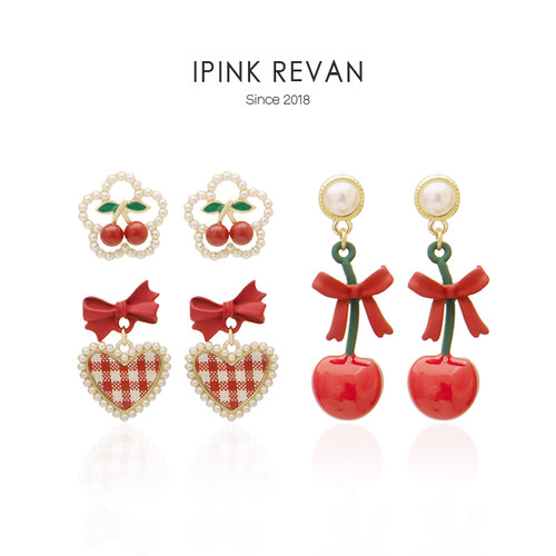 IPINK可爱红色新年樱桃耳环