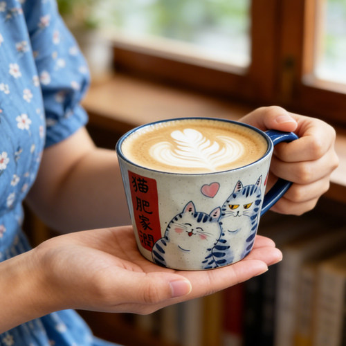 釉下彩手绘可爱猫咪陶瓷咖啡杯中古风个人家用大水杯马克杯牛奶杯