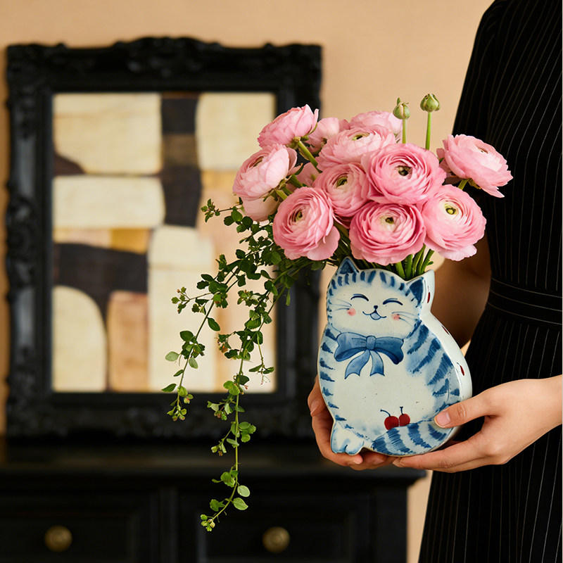 复古可爱猫咪小花瓶水培鲜花创意小众绝美中古风花器招财陶瓷摆件