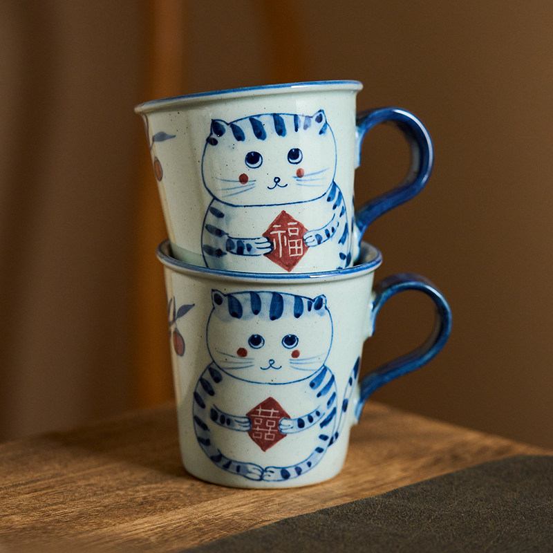 景德镇原创釉下彩手绘青花可爱猫咪柿子喜福马克杯水杯早餐杯安全,餐饮具,马克杯,淘宝优惠券,粉丝福利购,淘宝优惠卷