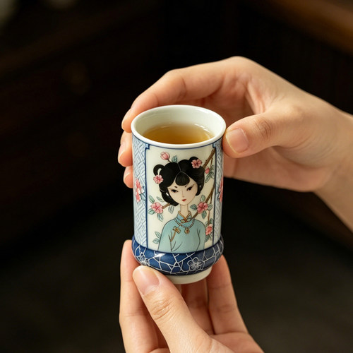 青花斗彩手绘四大美女精致闻香杯高级感功夫茶具中式高档品茗杯子