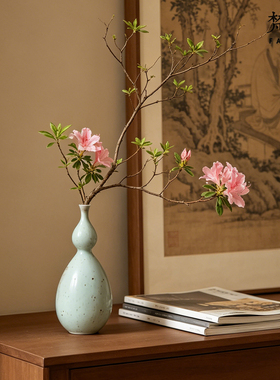 中古风景德镇陶瓷花瓶宋代美学小口径桌面葫芦粗陶摆件水培插花器